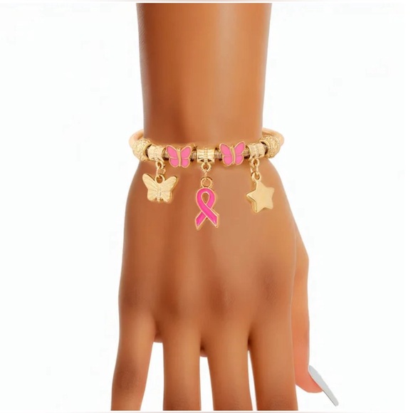 Gold and Pink Charm Breast Cancer Awareness Bracelets - Picture 2 of 2